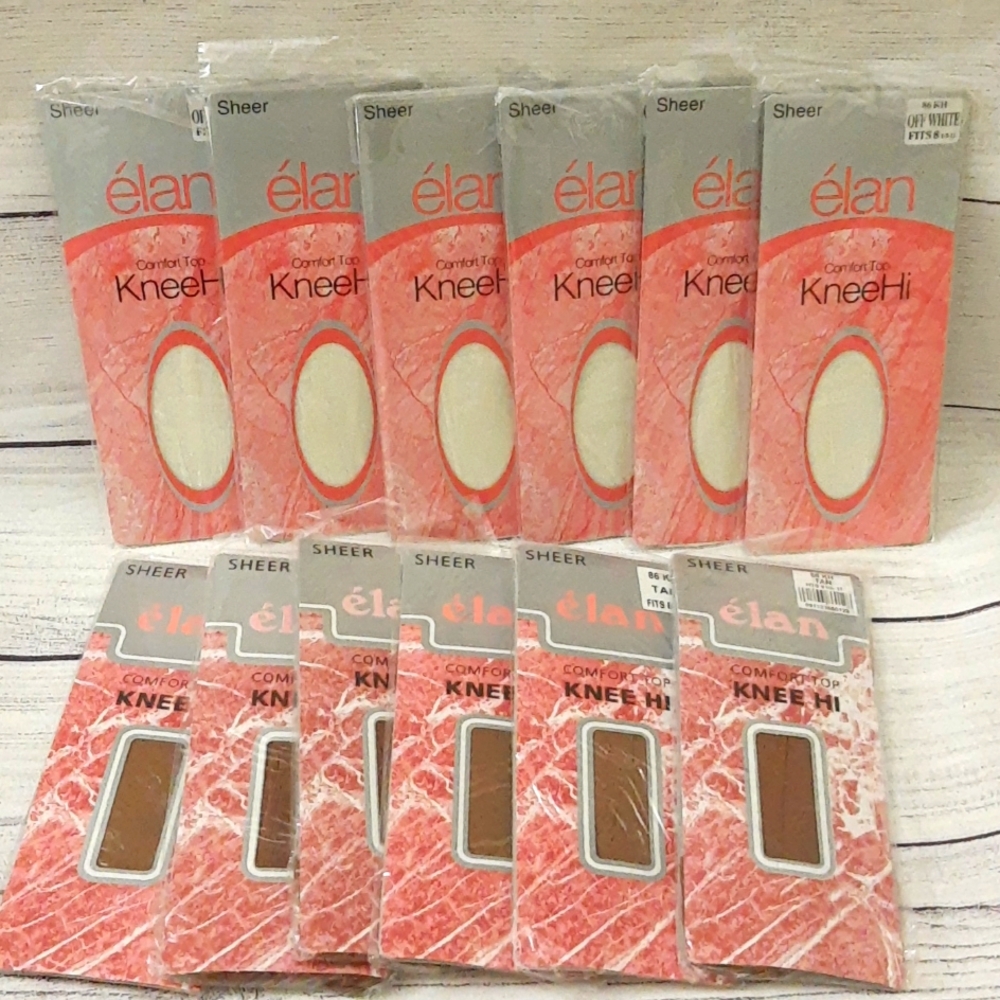 Elan Comfort Top Knee Hi Stockings Lot of 12 Pairs โ 6 Off-White & 6 Tan NIP